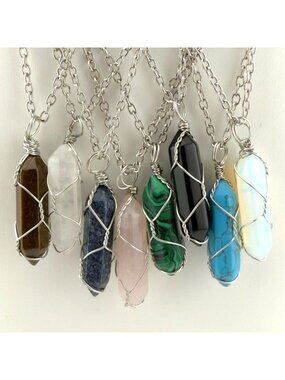 Wire Wrapped Stone Pendant Necklaces Lot Assorted Colors Silver Tone Set of 8